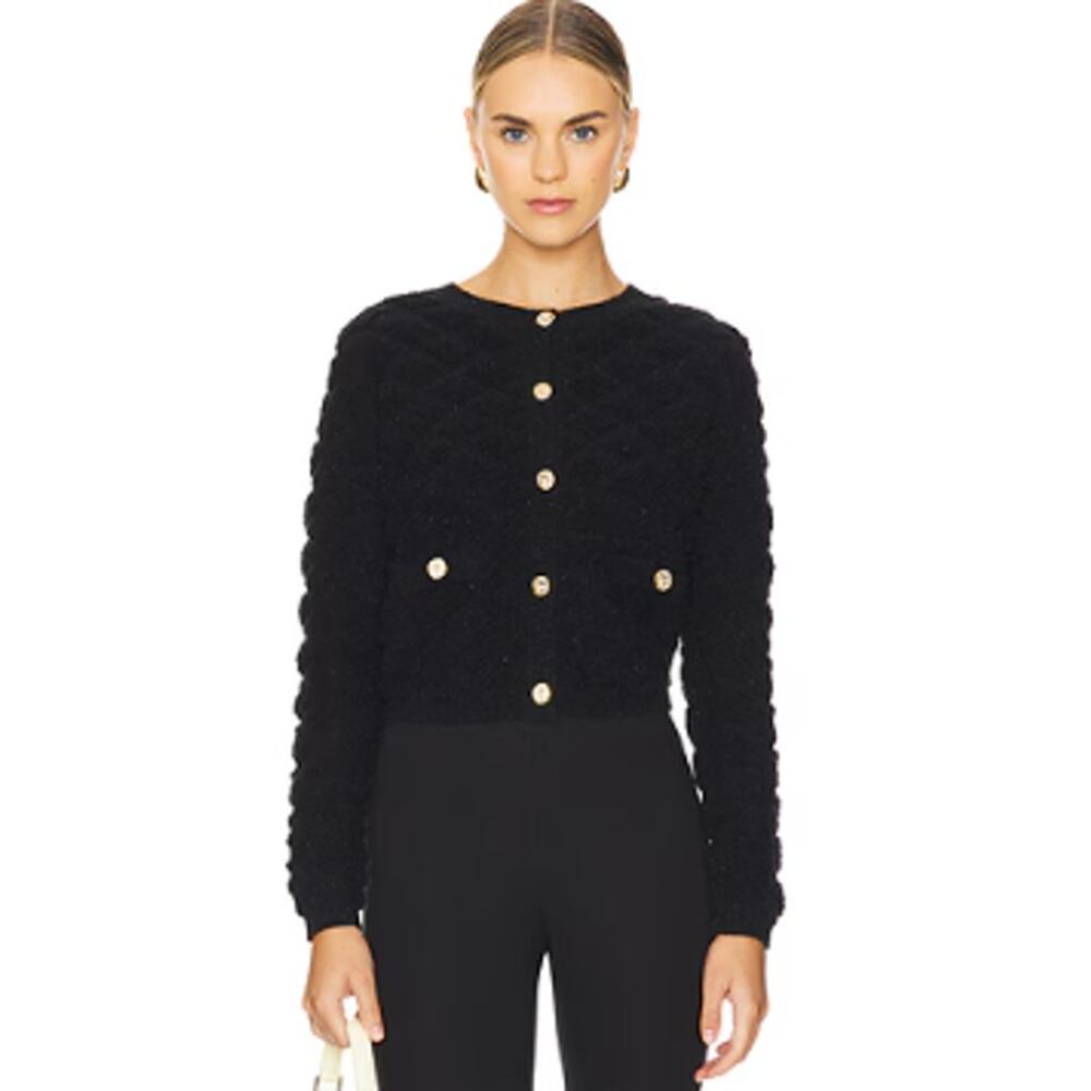 Line & Dot Khloe Black Fleece Fuzzy Boucle Button Down Cardigan Sweater Top Sz S